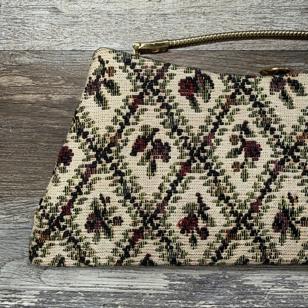 Vintage Petit Point Needlepoint Purse Tapestry Handbag Clutch Bag Floral Gold - Picture 2 of 12